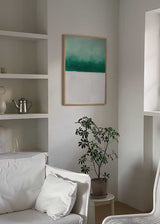 Cuadro abstracto minimalista en verde esmeralda y blanco, kudeko.com