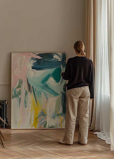 Cuadro abstracto expresionista con trazos en azul, turquesa, rosa y amarillo, kudeko.com