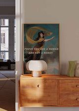 Cuadro pop-art con pintura clásica y texto irónico "PROVE YOU ARE A HUMAN AND NOT A ROBOT", disponible en kudeko.com.