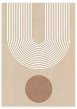 Tableau avec composition géométrique, arches linéaires blanches, fond beige chaud, cercle brun doux et style graphique épuré pour décoration murale. Disponible sur kudeko.com
