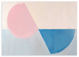 Quadro horizontal abstrato geométrico em rosa e azul com formas modernas e decorativas. Disponível em kudeko.com