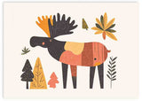 Quadro horizontal com veado infantil de formas simples, folhas e pequenas árvores em mostarda, terracota, preto e verde oliva, num estilo ilustrado para quarto de criança. Disponível em kudeko.com