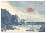 Quadro horizontal japonês com paisagem marítima, falésias e sol vermelho em estilo Japandi, ambiente decorativo simples e natural. Disponível em kudeko.com