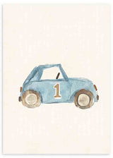 Cuadro infantil de coche vintage azul decorativo con el número 1. kudeko.com
