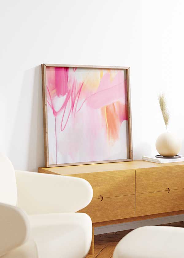 Quadratisches Wandbild abstrakt in Rosa-, Fuchsia- und Orangetönen für moderne Dekoration kudeko.com. Erhältlich auf kudeko.com