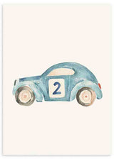 Cuadro infantil de coche vintage azul decorativo con el número 2. kudeko.com