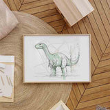 Cuadro horizontal con dinosaurio de cuello largo en fondo blanco, tonos verde menta, gris y beige suave, composición ligera de estilo infantil. Disponible en kudeko.com