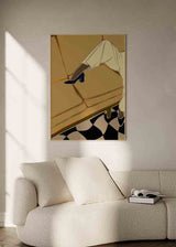 Cuadro pop art con diseño minimalista de sofá amarillo y suelo geométrico en blanco y negro, disponible en kudeko.com.