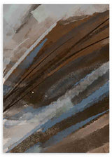 Wandbild mit abstrakter Komposition aus diagonalen Streifen in Braun, Beige, Taupegrau und Graublau, mit Anmutung einer Berglandschaft, visueller Tiefe und klarer moderner Gestaltung. Erhältlich auf kudeko.com