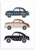 Cuadro infantil de coches vintage decorativos en tonos azul, marrón y negro con estrellas. kudeko.com