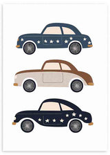 Cuadro infantil de coches vintage decorativos en tonos azul, marrón y negro con estrellas. kudeko.com