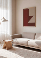 Cuadro geométrico en tonos terracota, burdeos y beige con diseño moderno, kudeko.com