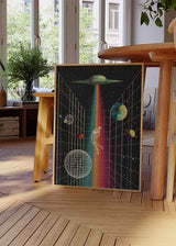 Cuadro surrealista de abducción espacial con rayo de luz y planetas, disponible en kudeko.com.