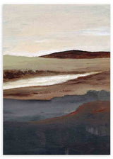 Cuadro de paisaje abstracto con colinas difusas, horizonte suave, franja clara central, tonos beige, marrón y azul grisáceo, de estilo naturaleza y paisajes. Disponible en kudeko.com
