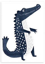 Wandbild für Kinder mit Krokodil in Dunkelblau und Weiß, dekorativen Punkten, länglicher Silhouette und hellem Hintergrund, in einem klaren kindgerechten Stil. Erhältlich auf kudeko.com