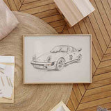 Cuadro horizontal de coche clásico deportivo en tonos beige, gris y negro, con fondo claro y estilo ilustración elegante de inspiración automovilística. Disponible en kudeko.com