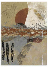 Tableau abstrait avec formes organiques superposées, textures patinées, beige, gris, brun rouille, noir et blanc cassé, dans un style contemporain et épuré. Disponible sur kudeko.com