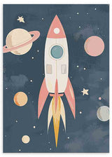 Cuadro infantil con ilustración de cohete espacial y planetas. kudeko.com