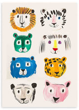 Cuadro con ocho caras de animales felinos en amarillo, azul, verde, rosa, negro y blanco, composición divertida de estilo infantil. Disponible en kudeko.com