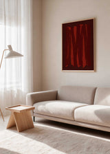 Cuadro abstracto burdeos y rojo con franjas verticales irregulares, kudeko.com