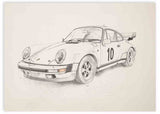Cuadro horizontal de coche clásico deportivo en tonos beige, gris y negro, con fondo claro y estilo ilustración elegante de inspiración automovilística. Disponible en kudeko.com