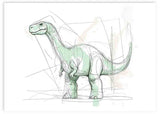 Cuadro horizontal con dinosaurio de cuello largo en fondo blanco, tonos verde menta, gris y beige suave, composición ligera de estilo infantil. Disponible en kudeko.com