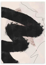 Cuadro con formas abstractas negras sobre fondo beige, acentos rosados suaves y línea orgánica fina en composición moderna de estilo abstracto. Disponible en kudeko.com