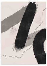 Cuadro con formas abstractas negras, manchas grises suaves, línea irregular fina y fondo beige claro, de estilo abstracto. Disponible en kudeko.com