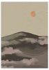 Cuadro minimalista con paisaje montañoso al amanecer y sol anaranjado en tonos cálidos, disponible en kudeko.com.