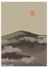 Cuadro minimalista con paisaje montañoso al amanecer y sol anaranjado en tonos cálidos, disponible en kudeko.com.
