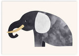 Quadro horizontal com elefante infantil de perfil em preto, cinzento, branco e bege, com formas simples sobre fundo claro, em estilo infantil para quarto de bebé ou espaço infantil. Disponível em kudeko.com