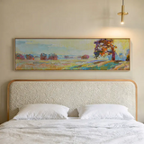 Horizontales Wandbild abstrakt, das die Ruhe eines Sonnenaufgangs auf dem Land verkörpert. Verfügbar auf kudeko.com