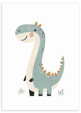 Cuadro infantil con ilustración de dinosaurio azul en tonos suaves. kudeko.com