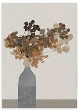 Cuadro minimalista con florero gris y flores en tonos cálidos, disponible en kudeko.com.