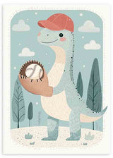 Cuadro infantil con dinosaurio jugando béisbol en tonos pastel sobre fondo suave. kudeko.com