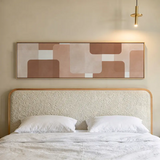 Tableau horizontal avec composition géométrique de blocs rectangulaires et formes arrondies en beige, sable, terre cuite et brun doux, dans un style géométrique épuré. Disponible sur kudeko.com
