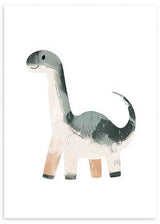 Cuadro de dinosaurio de cuello largo en gris azulado, beige y blanco, con formas suaves sobre fondo claro y estilo infantil. Disponible en kudeko.com