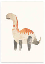 Tableau encadré avec dinosaure au long cou en beige, terracotta et gris, sur fond clair, avec style enfantin, formes douces et aspect texturé. Disponible sur kudeko.com