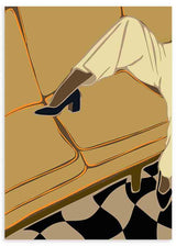 Cuadro pop art con diseño minimalista de sofá amarillo y suelo geométrico en blanco y negro, disponible en kudeko.com.