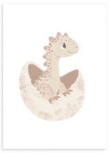 Cuadro infantil con ilustración de dinosaurio pastel saliendo de su cascarón. kudeko.com