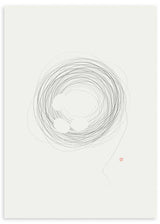 Cuadro japonés minimalista con espiral de líneas finas y formas circulares blancas estilo zen, kudeko.com