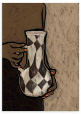 Cuadro ilustrativo con manos sosteniendo un jarrón geométrico en blanco y negro, disponible en kudeko.com.