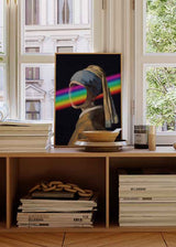 Cuadro pop-art con reinterpretación moderna de un retrato clásico y haz de luz arcoíris, disponible en kudeko.com.