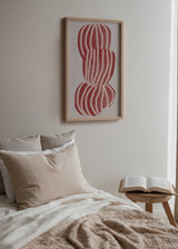 Cuadro geométrico con formas apiladas en tonos terracota y líneas blancas, kudeko.com