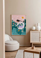 Cuadro ilustrado colorido mujer recogiendo plantas en paisaje con colinas y casas de Bea Muller, kudeko.com