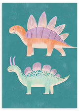 Cuadro infantil con ilustración de dos dinosaurios coloridos en tonos pastel sobre fondo verde. kudeko.com