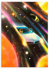 Quadro surrealista de um carro clássico a flutuar no espaço, ambiente decorativo onírico e visual celeste minimalista. Disponível em kudeko.com