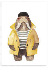 Cuadro infantil de foca marinera en chaqueta amarilla. kudeko.com