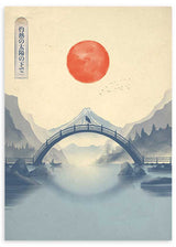 Wandbild im japanischen Stil mit Fuji-Berg, Brücke und roter Sonne im Japandi Stil, klare dekorative Wirkung und natürliche Farbtöne. Erhältlich auf kudeko.com