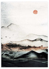 Quadro japonês de paisagem com montanhas e sol vermelho, ambiente decorativo sóbrio. Disponível em kudeko.com